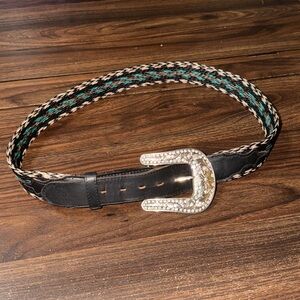 40” Western Leather Horse hair Belt with Silver Rhinestone Buckle